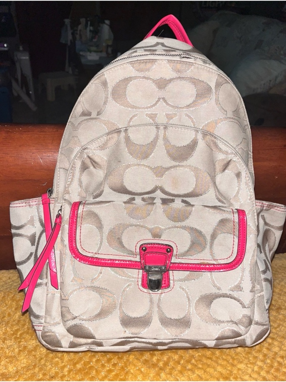 Beige Signature Pattern Backpack with Pink Trim